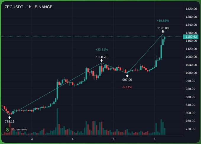 The image shows a 1-hour ZECUSDT chart on Binance, highlighting Zcash's rally from $768.15 to a peak of $1195.00 (a +19.86% gain), with the current price at $1180.62, visually supporting the post's shock at Zcash nearing $1200 and its surge past Dogecoin's market cap toward Hyperliquid's.