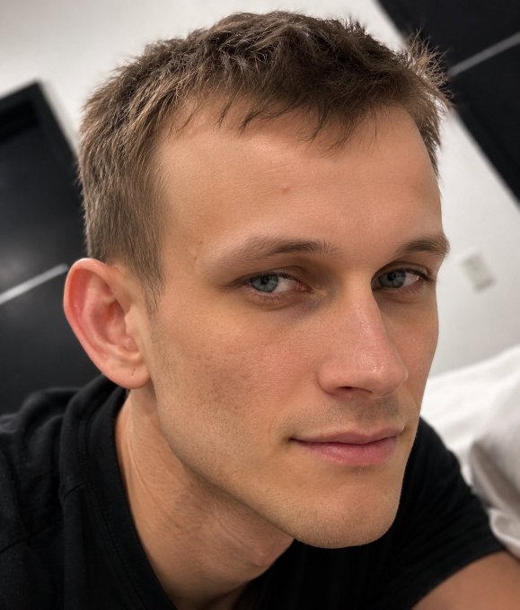The image features a man with short hair wearing a black shirt, looking directly at the camera. There are two posts visible in the image - one above his head and another below his chin. The text "beep boop" appears in both posts, which could be related to the photo or part of a caption for the image.