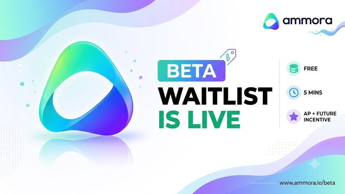 A promotional banner for 'ammora' announcing 'BETA WAITLIST IS LIVE' with highlights including 'FREE,' '5 MINS,' and 'AP + FUTURE INCENTIVE,' set against a colorful abstract background with the URL www.ammora.io/beta.