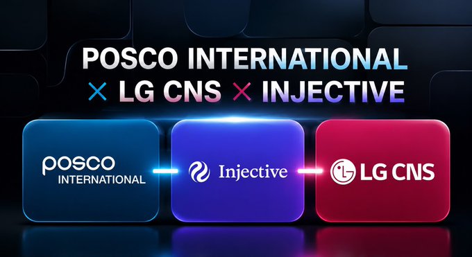A corporate partnership graphic with a black background showing three colored blocks (blue, purple, and red) displaying the logos for 'POSCO INTERNATIONAL', 'INJECTIVE', and 'LG CNS', connected by glowing lines.