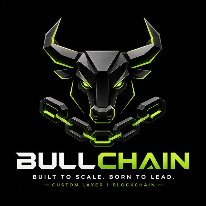 BullChain logo featuring a black and neon green bull head with chains, branded as a 'Custom Layer 1 Blockchain' with tagline 'Built to Scale. Born to Lead.'