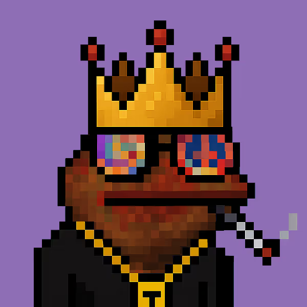 A pixel art illustration of a character wearing a gold crown with red jewels, a brown beard, pixelated sunglasses, a gold chain, and smoking a cigarette, set against a purple background.