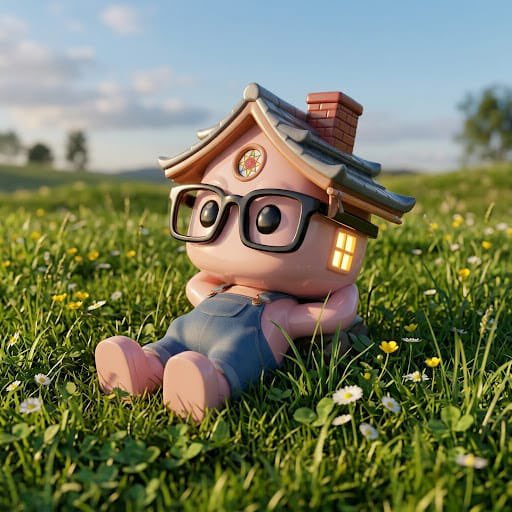 A chibi-like figure wearing glasses and sitting in a grassy field, with a house-shaped roof and chimney as its head, rests peacefully while holding a small PonsGuy character, evoking the laid-back vibe of "just chillin'" with the $PONS meme coin.