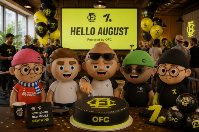 A vibrant "Hello August" community celebration features five animated bobblehead-style characters gathered around an "OFC"-branded cake, with a large screen behind them announcing "HELLO AUGUST Powered by OFC" alongside matching black and yellow branded balloons and decor. The festive scene—complete with "NEW MONTH NEW GOALS NEW WINS" signage and a playful "1%" mascot—visually embodies the $OFC community's enthusiastic welcome to a new month of building, creating, and growing together.