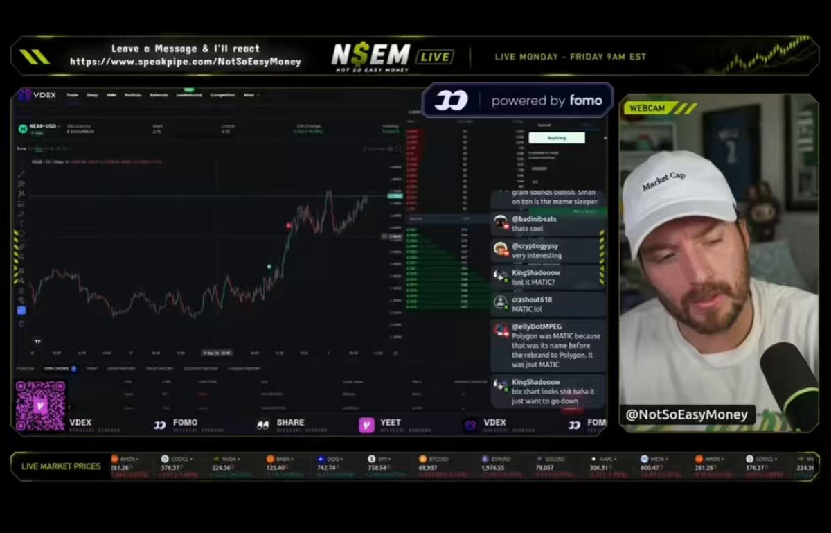 The image features a screenshot of a computer screen displaying a cryptocurrency trading platform's interface. The main focus of the screen is on a man's account with various notifications from the website, such as a trade notification that he has made a successful NEAR trade and is waiting for more opportunities in ZCASH. On the right side of the screen, there are also mentions about @NotSoEasyMoney and their interests in cryptocurrency trading. The overall mood seems to be positive and focused on making smart trades and learning from experiences in the world of cryptocurrency trading.