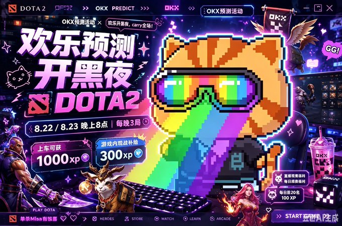 A vibrant promotional banner in Chinese for a DOTA2 prediction event by OKX, featuring pixel art characters, game imagery, and event dates of 8.22/8.23 at 8 PM with rewards including 1000 XP and 300 XP.
