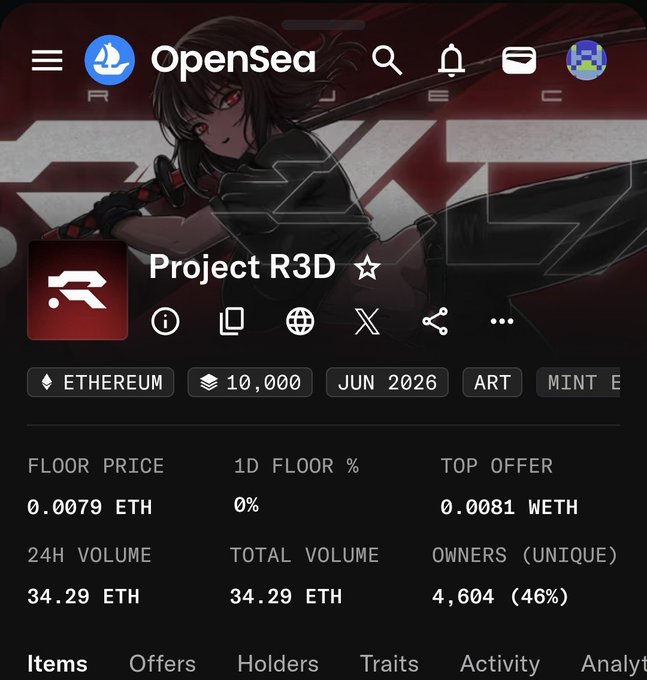 OpenSea mobile app screenshot showing the Project R3D NFT collection on Ethereum with 10,000 items, floor price of 0.0079 ETH, 24H volume of 34.29 ETH, and 4,604 unique owners (46%).