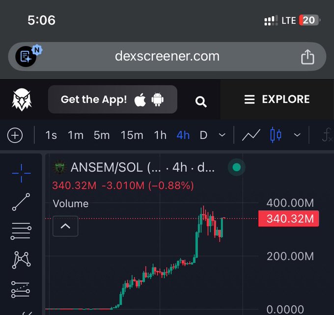 A mobile screenshot of dexscreener.com showing the ANSEM/SOL trading pair chart with a price of 340.32M and a -3.010M (-0.88%) decline.