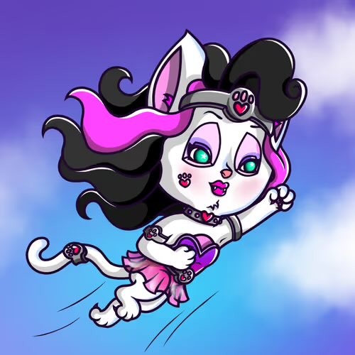 A cartoon-style illustration of a white cat-like character with pink and black hair, cat ears, and a pink outfit, flying through a cloudy sky.