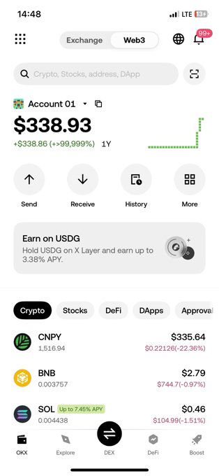 A mobile cryptocurrency wallet screen shows a balance of $338.93, with visible assets including CNPY, BNB, and SOL, along with navigation options such as Send, Receive, History, and DEX.