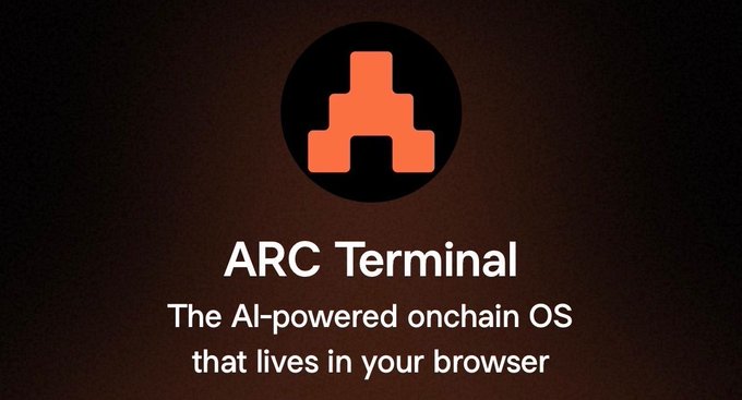 Promotional graphic for 'ARC Terminal,' described as 'The AI-powered onchain OS that lives in your browser,' featuring an orange pixel-art style castle/fortress icon inside a black circle on a dark background.