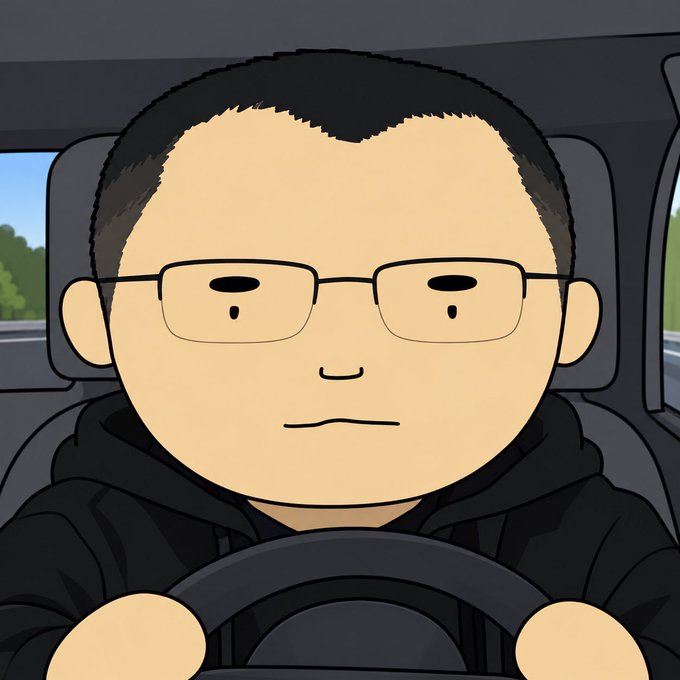 A digital illustration depicts a man with glasses and short hair driving a car, wearing a black jacket.