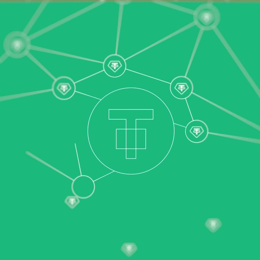 The image features a green background with white diamonds scattered throughout. There are eight diamonds in total, some overlapping each other while others stand alone. The text "T" is prominently displayed within this pattern of diamonds. The arrangement of these diamonds creates an abstract design that resembles a network or web-like structure. This unique visual representation can be related to the post about bringing each deployment onto the USDT0 Network, as it emphasizes the importance of planning and security in order to upgrade the liquidity without disrupting any existing users.