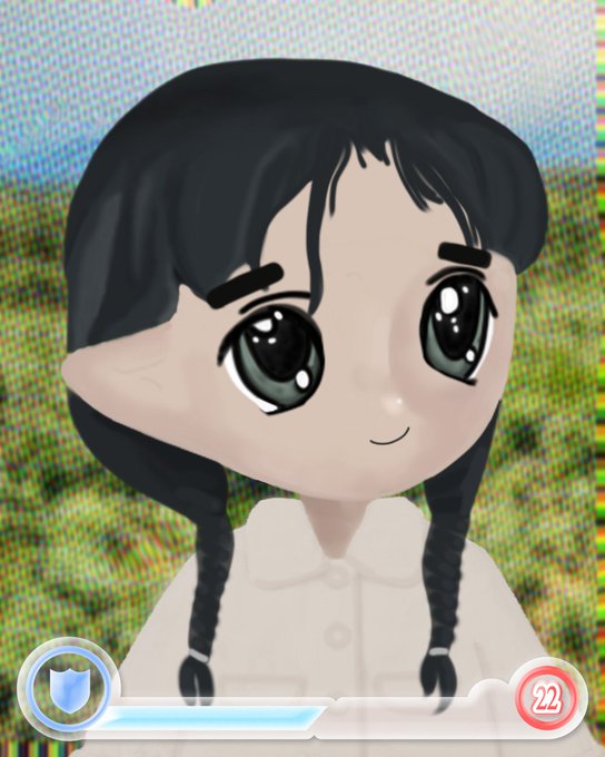 A chibi-style animated character with large eyes, black hair in twin braids, and a white shirt is displayed over a distorted, glitchy background, with game UI elements at the bottom.
