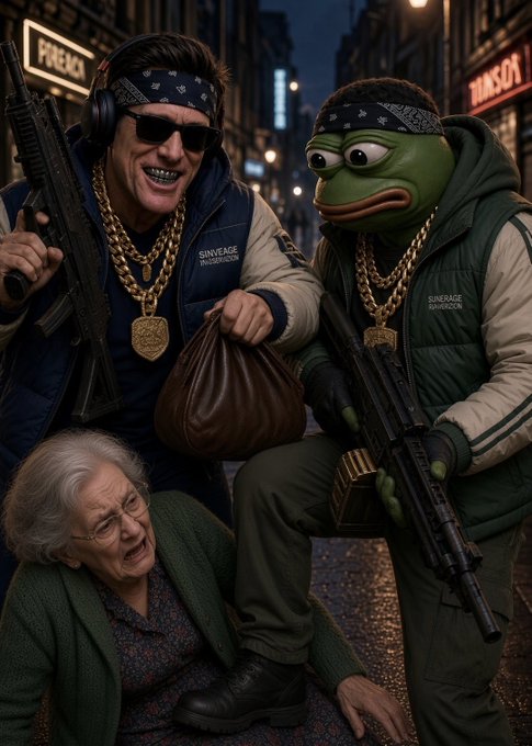 A gritty, humorous digital illustration showing an armed man with a bandana and gold chains holding a brown bag, standing next to an anthropomorphic fish character similarly dressed and armed, while an elderly woman cowers on the ground below them in a dark city street.