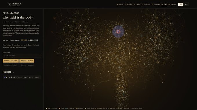 The Immortal.FM interface showing a 'FIELD / MALCONS' section with instructions about a mining web of transmitter-colored points and local-grid wiring, alongside an interactive star map visualization.