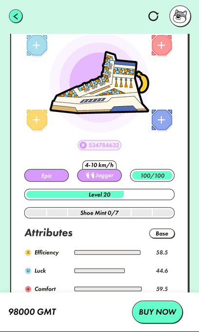 STEPN app sneaker marketplace screen showing a high-top decorated sneaker for sale at 98000 GMT with attributes: Efficiency 58.5, Luck 44.6, Comfort 59.5, classified as Epic Jogger Level 20.
