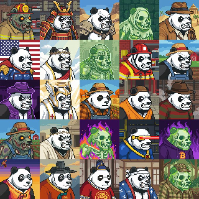 The image features a collection of cartoon panda characters, each wearing different hats and outfits. The panda characters are arranged in rows with various designs and colors, creating an eye-catching display. The caption below the image provides information about the post and its purpose, which is to announce the launch of a new collection by @0xmayoo.