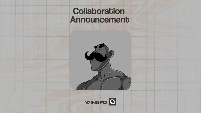 The image displays a "Collaboration Announcement" featuring an illustration of a stern, bearded, muscular character in grayscale, set against a marble-patterned background with the "WINGFO" logo at the bottom. The announcement promotes a collaboration between WINGFO and DarkHoods NFT, teasing the launch of the $DHOODS token and related ecosystem features.