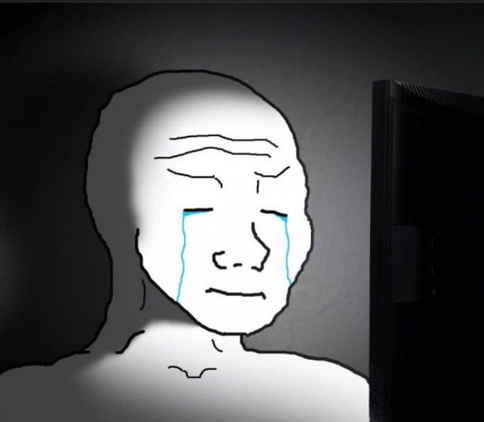 The classic 'Wojak' crying meme illustration depicts a bald figure with blue tears streaming down his face, sitting in front of a dark computer monitor.