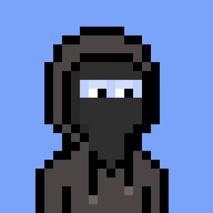 A pixel art depiction of a character wearing a black ninja-like hood and mask, with only blue eyes visible against a blue background.