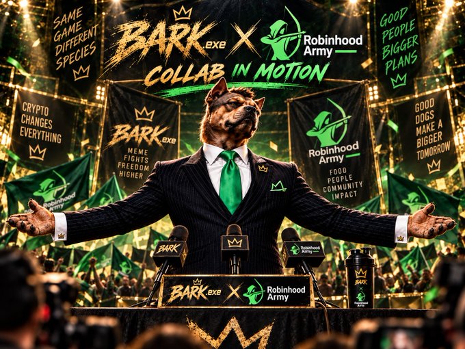 A promotional image for a 'BARK.exe x Robinhood Army' collaboration, featuring an anthropomorphic dog in a suit and green tie at a podium with microphones, surrounded by banners reading 'COLLAB IN MOTION', 'SAME GAME DIFFERENT SPECIES', and 'GOOD DOGS MAKE A BIGGER TOMORROW'.