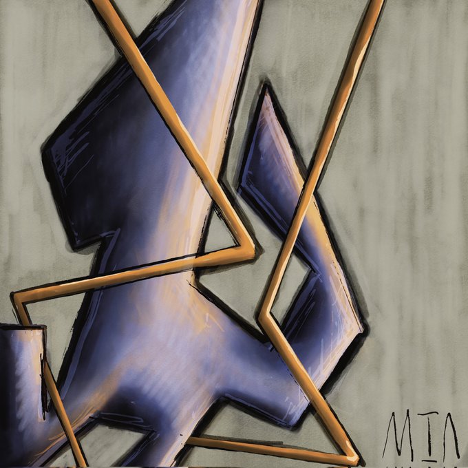 A digital abstract artwork with bold, angular black and purple brushstrokes layered over a gray background, accented by golden-brown lines. The text "MTA" appears in the bottom right corner, likely serving as the artist's signature or tag, complementing the "Good Morning 10/10 3xtz" message.