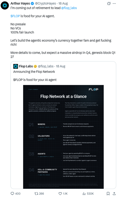 A screenshot of an X post by Arthur Hayes (@CryptoHayes) dated 18 Aug announcing his return from retirement to lead @flop_labs, featuring a quote tweet with a "Flop Network at a Glance" infographic.