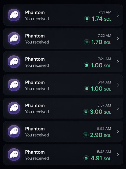 A mobile screenshot showing multiple Phantom wallet transaction notifications of received SOL cryptocurrency payments ranging from 1.00 to 4.91 SOL between 5:43 AM and 7:31 AM.