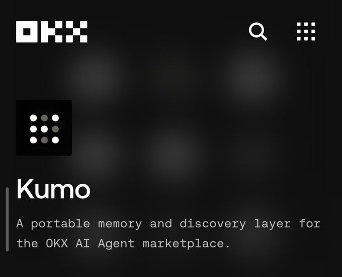 Dark-themed app interface featuring the OKX logo, displaying 'Kumo' as 'A portable memory and discovery layer for the OKX AI Agent marketplace.'