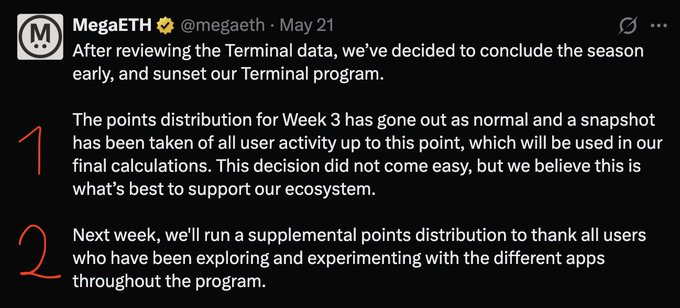 The image features a screenshot of a social media post from Megaeth, which appears to be discussing the conclusion of an experiment or project related to terminal 3. It is posted by someone on May 21st, and it contains several bullet points including information about the points distribution for Week 3, which has gone out as normal. The post also mentions that this decision was made based on early data and sunset our Terminal program. Additionally, the image includes the text "Next week, we'll run a supplemental points distribution to thank all users who have been exploring and experimenting with the project.", highlighting the conclusion of the project or experiment being reviewed by Megaeth.