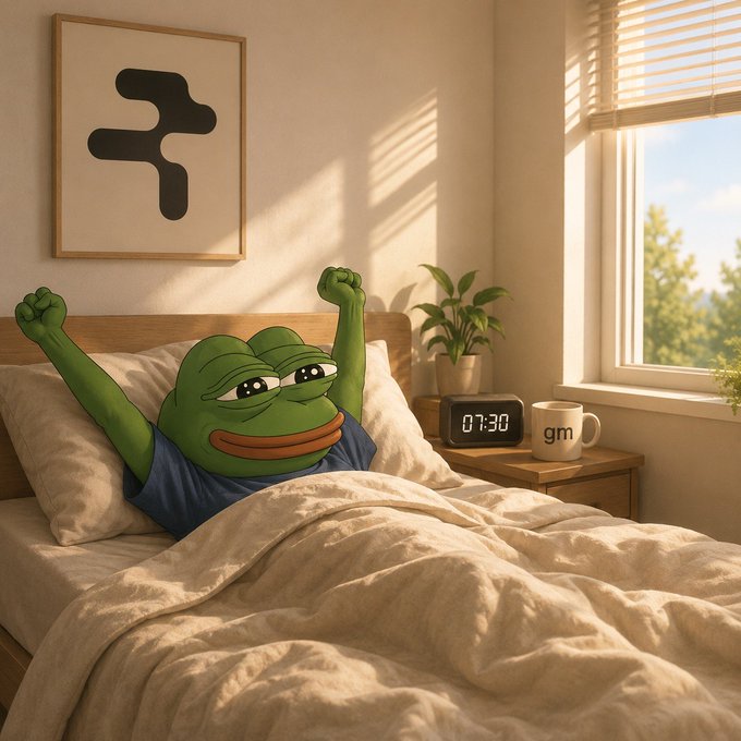 A 3D render of a Pepe the Frog character waking up and stretching in a sunlit bedroom, with a clock showing 07:30 on the nightstand.