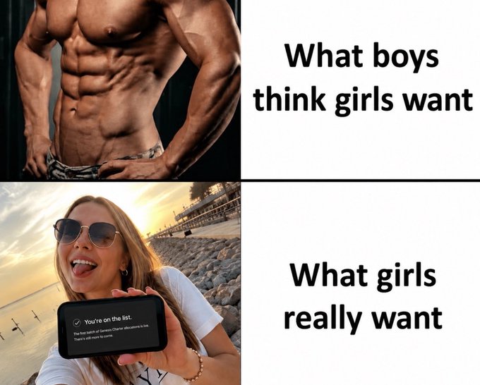 The image is a two-panel meme contrasting "What boys think girls want" (showing a muscular, shirtless male physique) with "What girls really want" (showing an excited woman holding a phone that displays the message "You're on the list: The first batch of Genesis Charter documents is live. There's still more to come."). This humorously connects to the post about joining @standard_rsv's waitlist, suggesting that the excitement of securing an allocation for an onchain central bank protocol is more thrilling than conventional attractions.