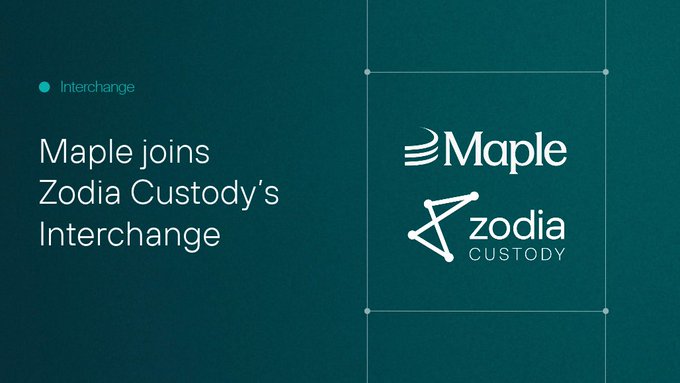 A dark teal announcement graphic stating "Maple joins Zodia Custody's Interchange," featuring both the Maple and Zodia Custody logos.