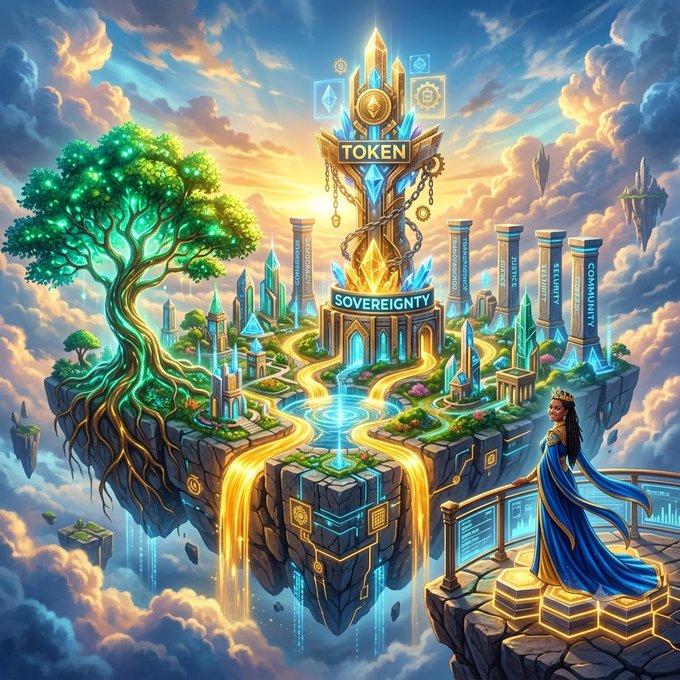 A majestic floating island fortress crowned by a glowing "TOKEN" spire atop "SOVEREIGNTY," with pillars labeled "DEVICE," "PRICE," "UTILITY," and "COMMUNITY" framing a regal figure overlooking the realm — visually embodying CNPY Network's promise of a self-contained, app-optimized sovereign blockchain free from dependence on others' chains.