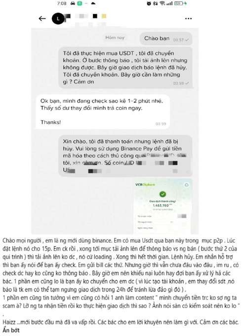A Vietnamese conversation about a problematic USDT purchase via Binance Pay, discussing payment issues and resolution attempts with a VCBank receipt shown.