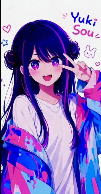 An anime-style illustration of a girl named Yuki Sou with purple hair, sparkling star-shaped eyes, and a peace sign, wearing a white shirt with a colorful patterned jacket.