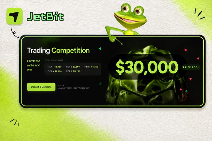 The image advertises JetBit's trading competition with a prize pool of $30,000. It features a green frog and emphasizes climbing ranks to win, with tiered rewards starting from $2,050 for Tier 1, escalating up to $11,750 for Tier 5.