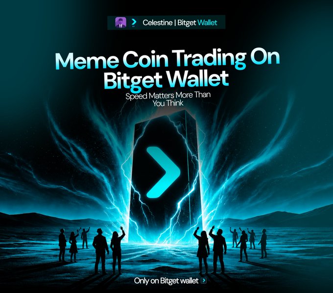 A promotional graphic for Bitget Wallet's meme coin trading feature, displaying "Meme Coin Trading On Bitget Wallet - Speed Matters More Than You Think" alongside "Only on Bitget wallet," with a dramatic illustration of silhouettes gathered around a glowing portal marked by the Bitget logo, visually reinforcing the post's emphasis on fast, on-chain token swaps before opportunities disappear.