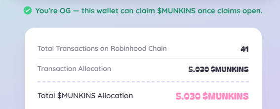 A notification shows a wallet qualifies as OG to claim $MUNKINS, with 41 transactions on Robinhood Chain and a total allocation of 5.030 $MUNKINS.