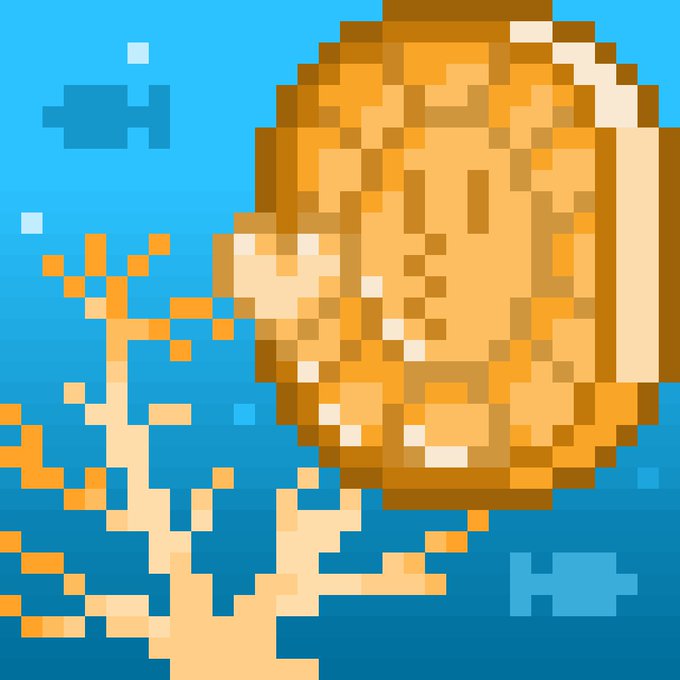 Pixel art of a diver wearing a snorkel mask underwater with a blue and orange color palette.