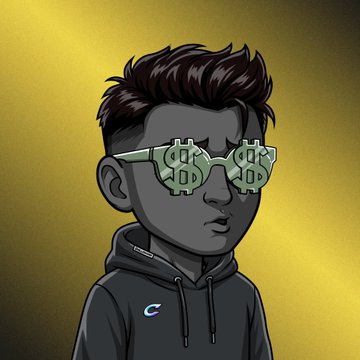 A digital illustration of a character wearing money-sign sunglasses and a dark hoodie, representing the 'money eyes' meme.