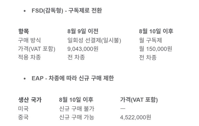 A Korean-language informational chart displaying subscription tiers (FSD, EAP), prices, and release dates for what appears to be a vehicle software package, with VAT-inclusive costs listed in won.