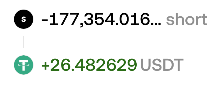 A screenshot shows a financial trading result with a loss of -177,354.016 labeled 'short' and a profit of +26.482629 USDT.