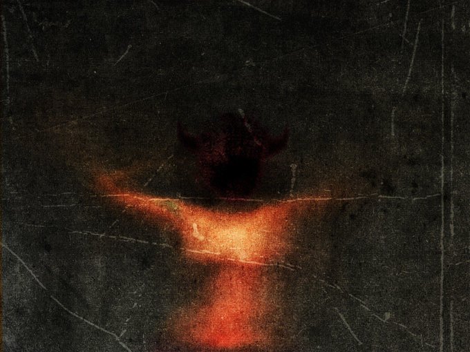 A dark, grainy, vintage-style image showing a silhouetted figure with a glowing orange-red light emanating from its lower body, with visible scratches and film damage.