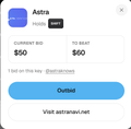 A small screenshot shows an Astris wallet interface with a 'CURRENT BID $50', 'TO BEAT $100', an 'Outbid' button, and text mentioning 'Visit astrisart.net'.