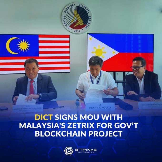 A news image from BitPinas showing three men seated at a table during an MOU signing, with the Malaysian and Philippine flags and a DICT seal displayed behind them, captioned 'DICT SIGNS MOU WITH MALAYSIA'S ZETRIX FOR GOV'T BLOCKCHAIN PROJECT'.