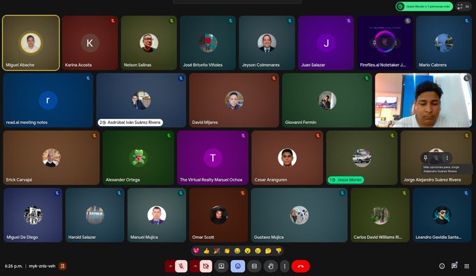 The image shows a computer screen with a grid of small squares, each containing an image or photo of people. The squares are arranged in rows and columns, creating a visually appealing pattern. The text "Está es la energía y compromiso de lo que estamos construyendo No solo ver las clases no solo teoría" is present on the screen, which seems to be related to the post about office hours for a group of people.

The image also contains several other images and photos that are not part of the main grid. These additional elements contribute to the overall visual appeal of the presentation. The computer screen displays various icons such as a camera icon, a phone icon, and a clock icon, which further emphasize the nature of the content being presented in this image.