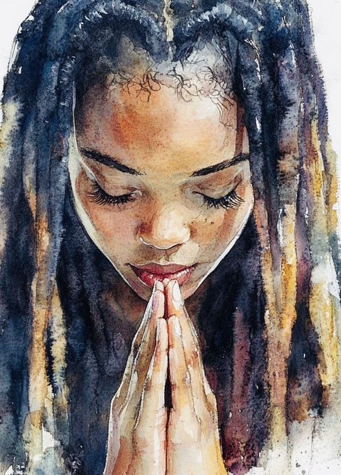 A watercolor painting depicting a young woman with long, multicolored dreadlocks, eyes closed in a serene, prayerful expression with her hands pressed together near her chin.