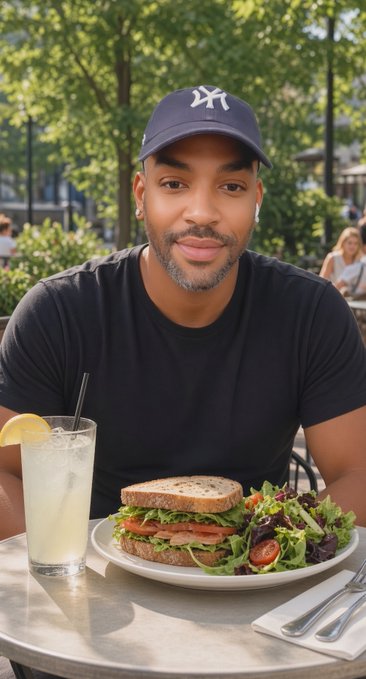 A man wearing a black t-shirt and a New York Yankees baseball cap sits at an outdoor cafe table with a sandwich, side salad, and a glass of lemonade.